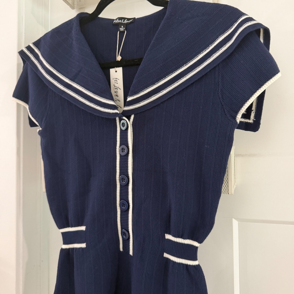 For Love &Lemons Naomi Knit Romper Navy Blue Sailor Collar S Nautical Preppy NWT - Picture 2 of 8